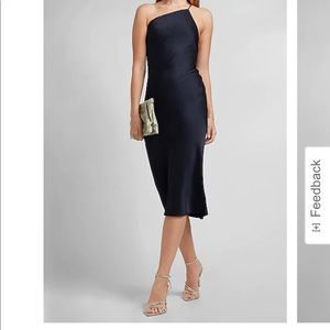 Navy Satin Cross Back One Shoulder Slip Dress